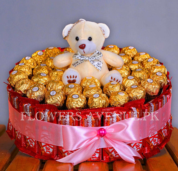 Teddy on bed of chocolates